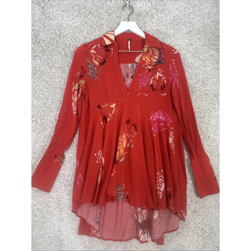 Free‎ People XS Field of Butterflies Red Tunic Mini Dress/Blouse